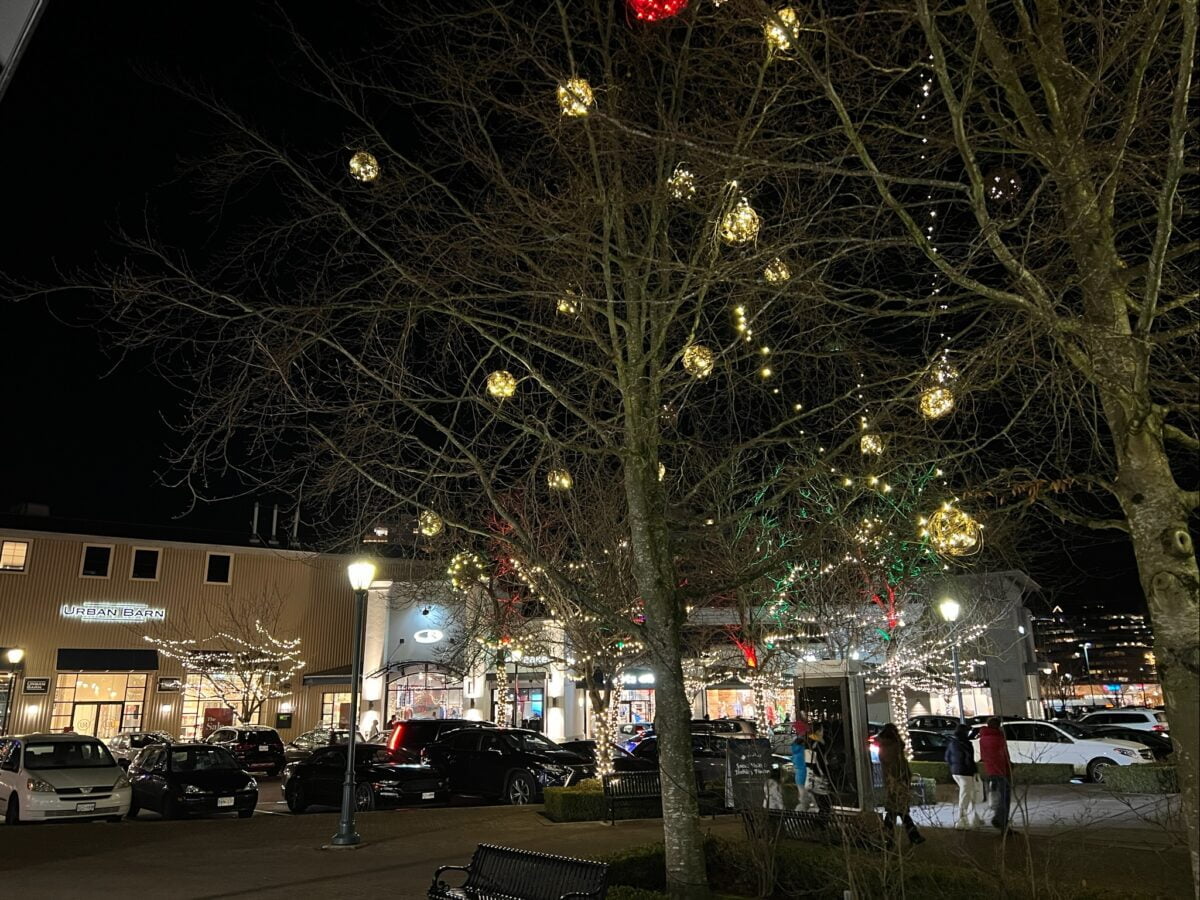 The Village at Park Royal lit for Christmas 2021 in West Vancouver (December 2021). Photo: Lee Rivett.