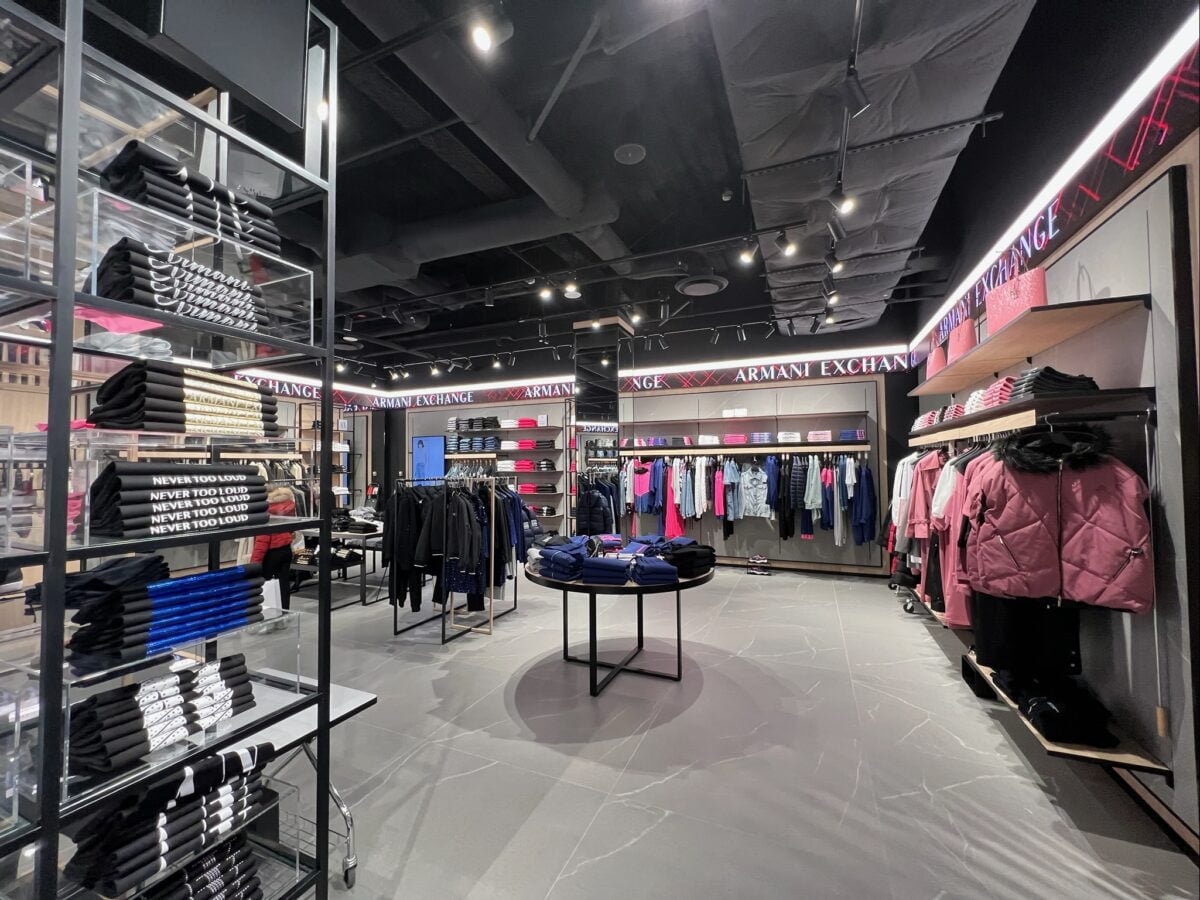A|X Armani Exchange at Metropolis at Metrotown main entrance (December 2021). Photo: Lee Rivett.