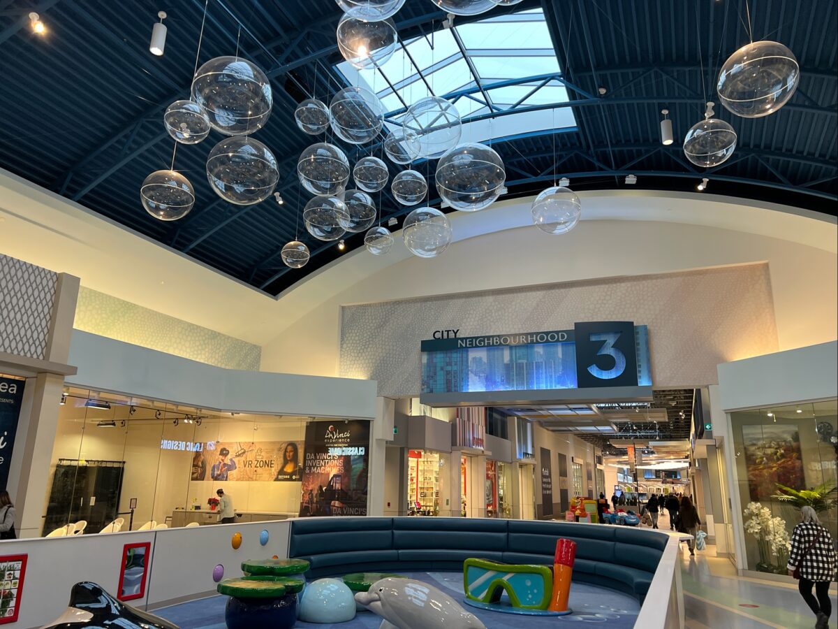 Children's Play Area between City Neighbourhood and Nature Neighbourhood at Tsawwassen Mills in Delta, BC (December 2021). Photo: Lee Rivett.