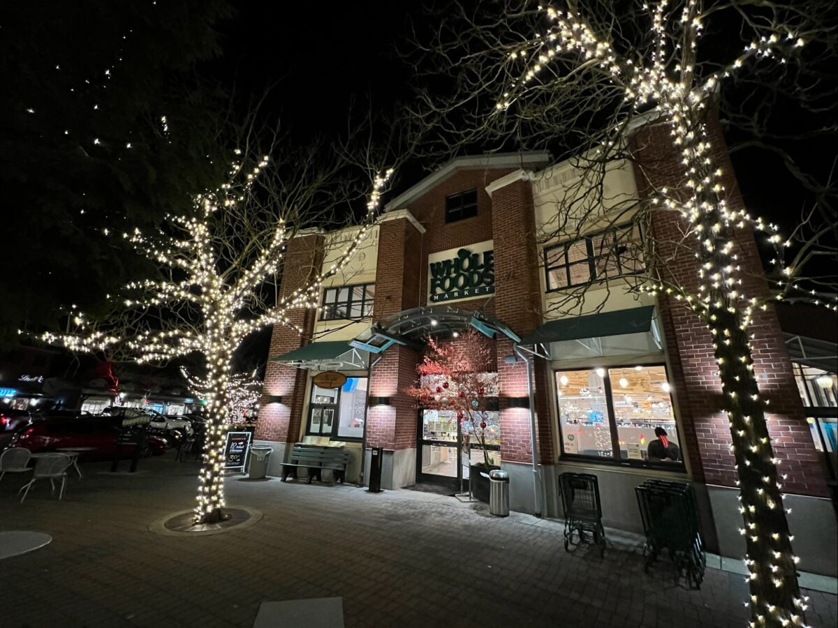 Whole Foods lit for Christmas 2021 at The Village at Park Royal in West Vancouver (December 2021). Photo: Lee Rivett.