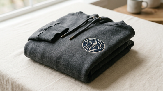 A neatly folded premium hoodie with an embroidered chest logo