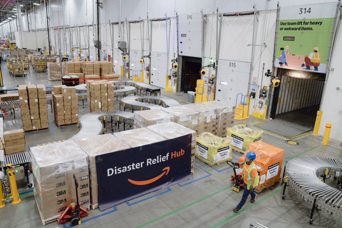 Emergency supplies are prepared for donation to nonprofits from our California Disaster Relief hub. Like the new Canada hub, the California hub specializes in wildfire relief.