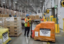Emergency supplies are prepared for donation to nonprofits from Amazon's California Disaster Relief hub. Like the new Canada hub, the California hub specializes in wildfire relief.