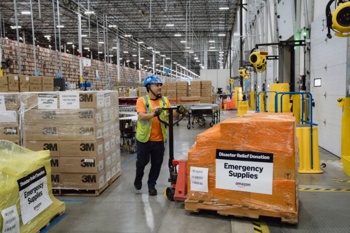 Emergency supplies are prepared for donation to nonprofits from Amazon's California Disaster Relief hub. Like the new Canada hub, the California hub specializes in wildfire relief.