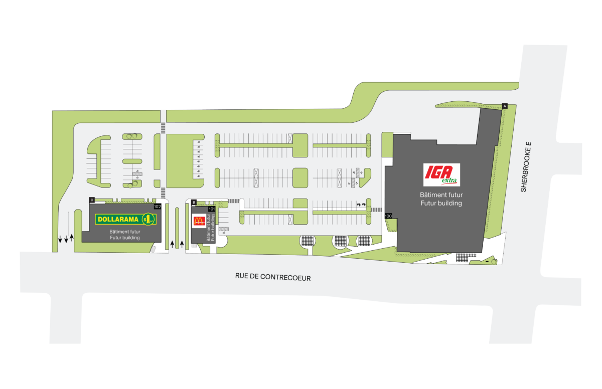 Site plan of Faubourg Contrecœur, the new commercial development by Harden and Crombie REIT in Montréal’s Mercier–Hochelaga-Maisonneuve borough. With the addition of Dollarama and McDonald's alongside anchor tenant IGA, the retail centre has now reached full occupancy ahead of its planned summer 2026 opening.